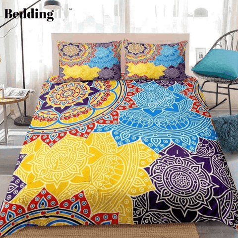 Image of Mandala Blue Yellow Boho Flowers Bedding Set - Beddingify