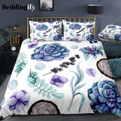 Image of Succulent Violet Flowers and Wood Bedding Set - Beddingify