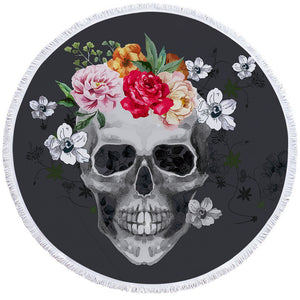Skull & Flowers Gray Round Beach Towel Set - Beddingify