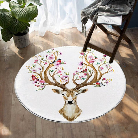 Image of Watercolor Flora Deer Area Rug Round Carpet