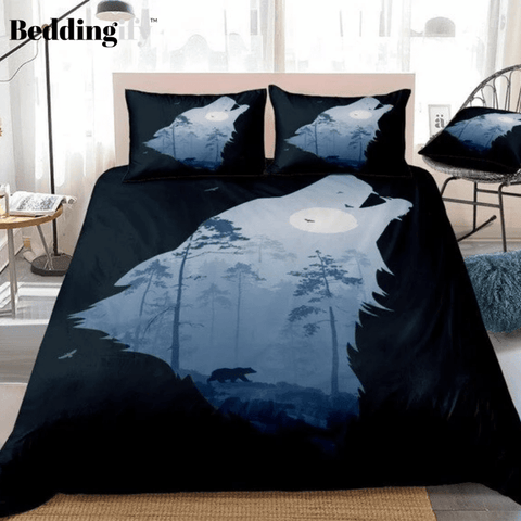 Image of Howling Wolf Night Forest Bedding Set - Beddingify