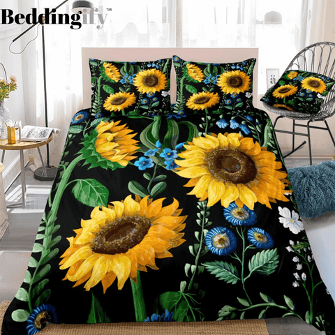 Image of Floral Black Sunflower Bedding Set - Beddingify