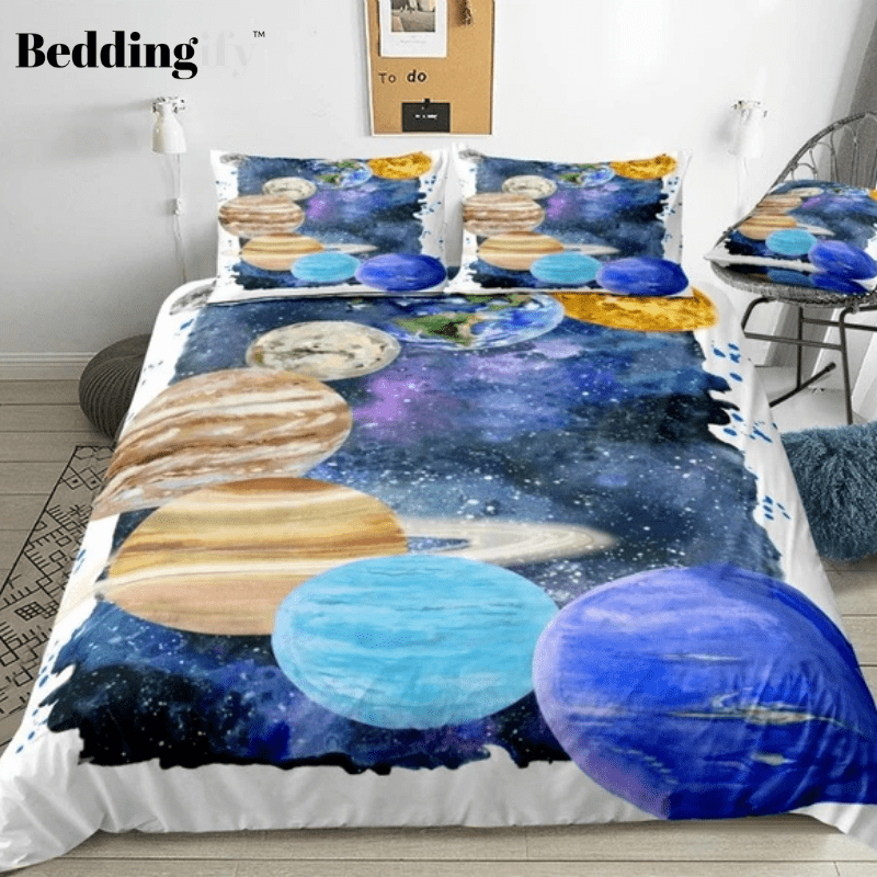 3D Watercolor Planets Bedding Set - Beddingify