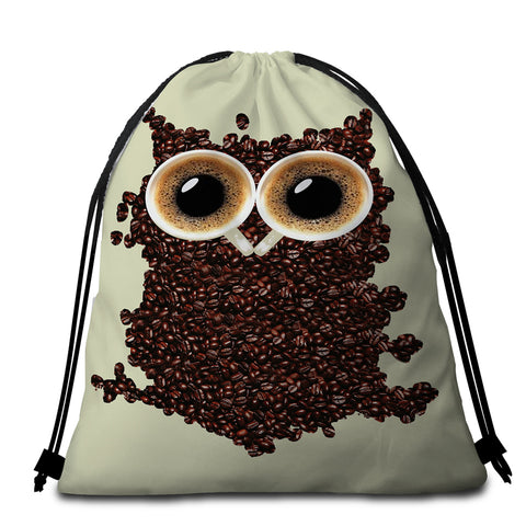 Image of Coffee Owl Round Beach Towel Set - Beddingify