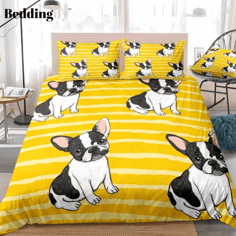 Image of Yellow Striped With Bulldog Bedding Set - Beddingify