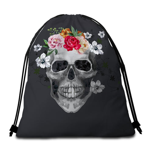 Image of Skull & Flowers Gray Round Beach Towel Set - Beddingify