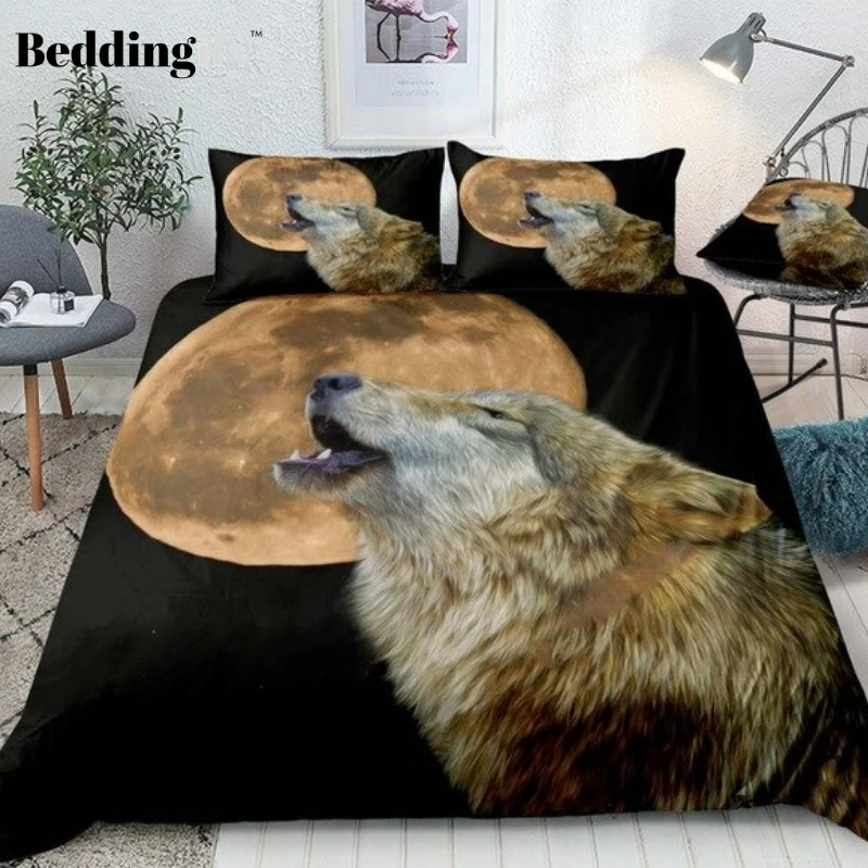 Yellow Moon Howl Wolf Bedding Set - Beddingify