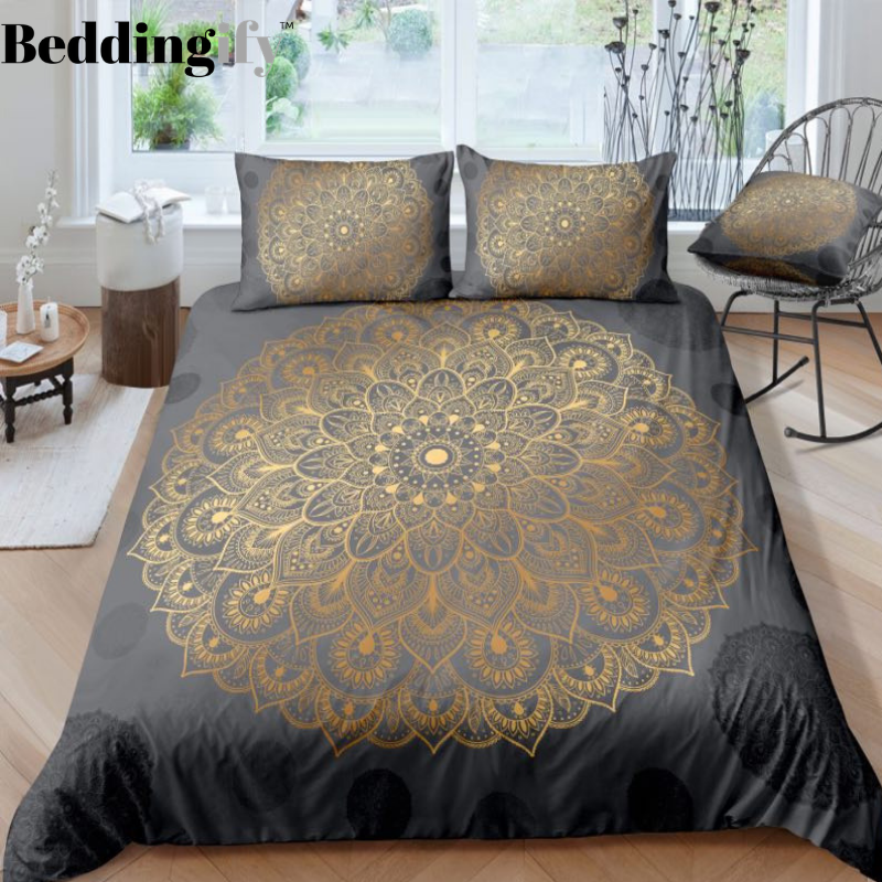 Gold Grey Mandala Pattern Bedding Set - Beddingify