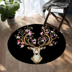 Watercolor Flora Deer Black Area Rug Round Carpet