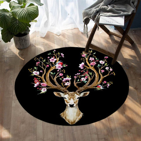 Image of Watercolor Flora Deer Black Area Rug Round Carpet