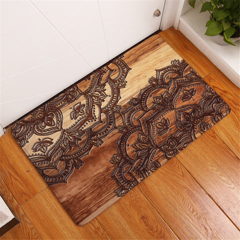 Image of Black Mandala Patterns Wooden Door Mat