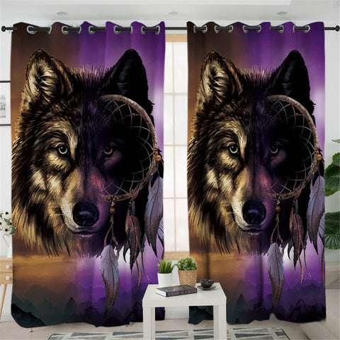 Image of Tribal Wolf Dream Catcher 2 Panel Curtains