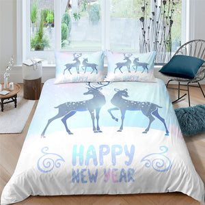 Happy New Year - White Deers Bedding Set