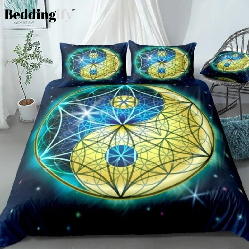 Galaxy Geometry Blue Yellow Yin Yang Bedding Set - Beddingify