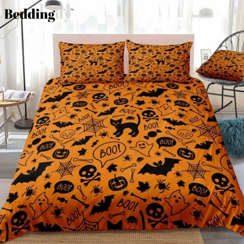 Image of Halloween Skull and Bats Orange Bedding Set - Beddingify