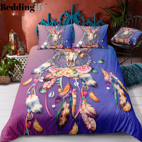 Image of Blue Purple Butterflies Dreamcatcher Bedding Set - Beddingify