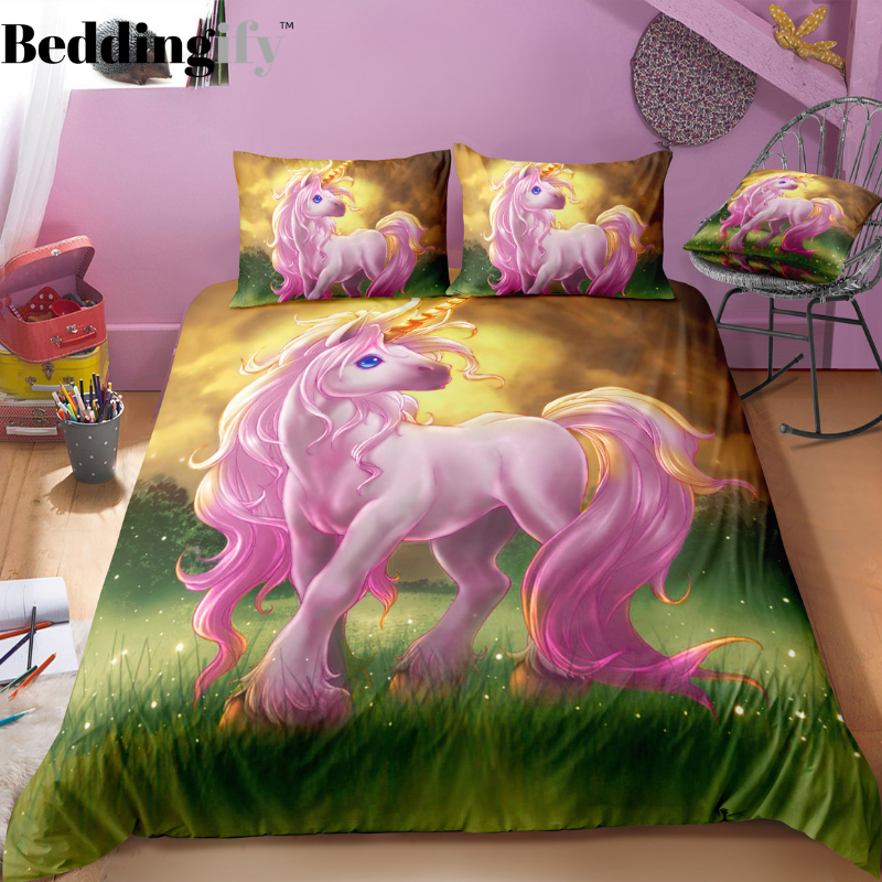 Green Field And Unicorn Bedding Set - Beddingify