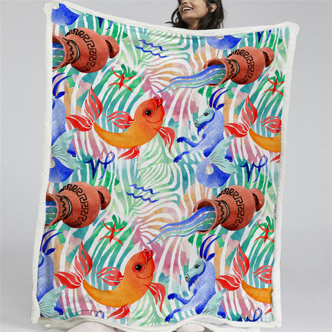 Image of Marine Life And Fish Themed Sherpa Fleece Blanket