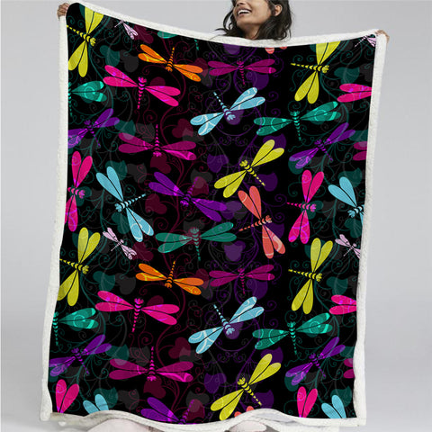 Image of Colorful Dragonflies Sherpa Fleece Blanket - Beddingify