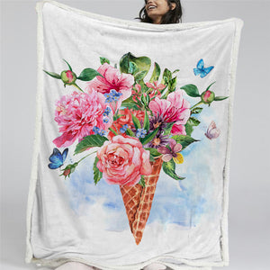 Ice Cream Rose Flower Themed Sherpa Fleece Blanket