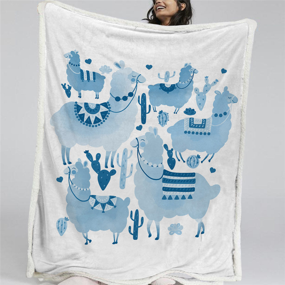 Blue Cute Llama Themed Sherpa Fleece Blanket