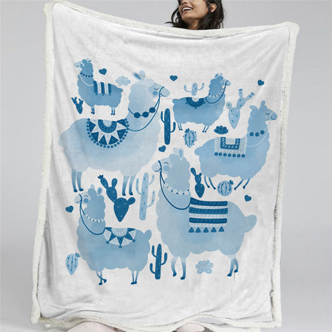 Image of Blue Cute Llama Themed Sherpa Fleece Blanket