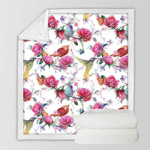 Image of Pink Flowers And Birds Themed SWMT2240 Sherpa Fleece Blanket