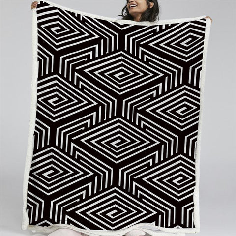 Image of Black White Geometric Sherpa Fleece Blanket - Beddingify