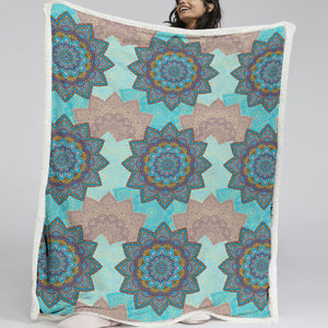 Mandala Blue Themed Sherpa Fleece Blanket
