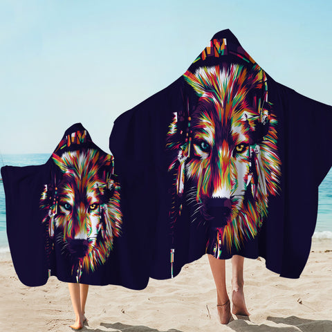 Image of Multicolored Tribal Wolf Hooded Towel