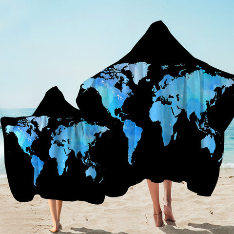 Image of Blue World Map Black Hooded Towel