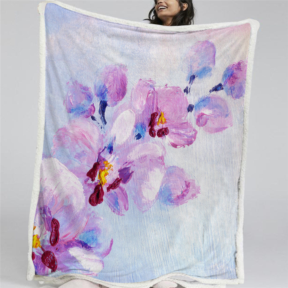 Orchid Painting Themed Sherpa Fleece Blanket