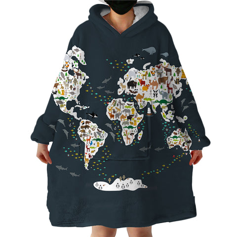 Image of Animal World Map SWLF0530 Hoodie Wearable Blanket