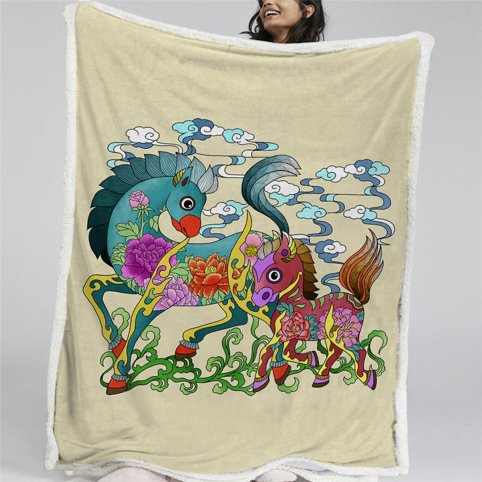 Cartoon Horse Themed Sherpa Fleece Blanket
