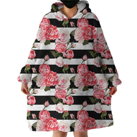 Image of Pink Roses Stripes SWLF2484 Hoodie Wearable Blanket