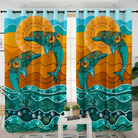 Image of Stylized Leaped Dolphins 2 Panel Curtains