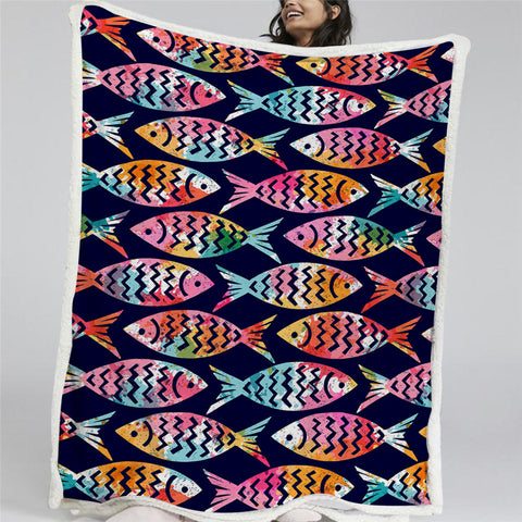 Image of Cartoon Fish Themed Sherpa Fleece Blanket