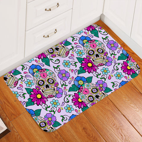 Image of Gaudy Skulls Flowery Door Mat