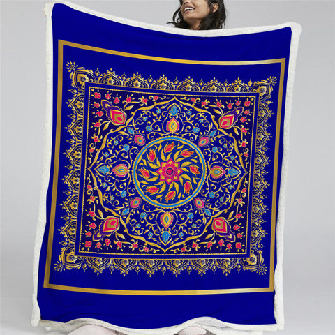Image of Blue Mandala Themed Sherpa Fleece Blanket