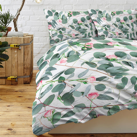 Image of Pink Rose And Leaves Patterns Bedding Set - Beddingify