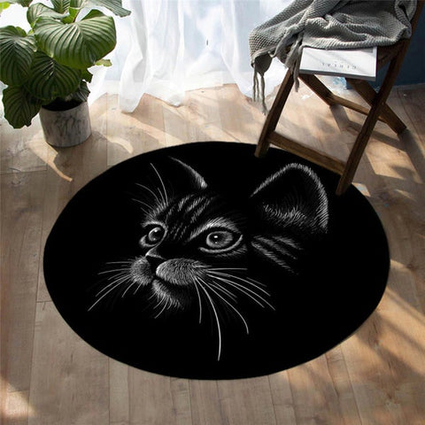 Image of White Line Cat Black Area Rug Round Carpet