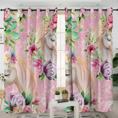 Image of Unicorns Flora Themed Pink 2 Panel Curtains