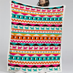 Cat Aztec Themed Sherpa Fleece Blanket