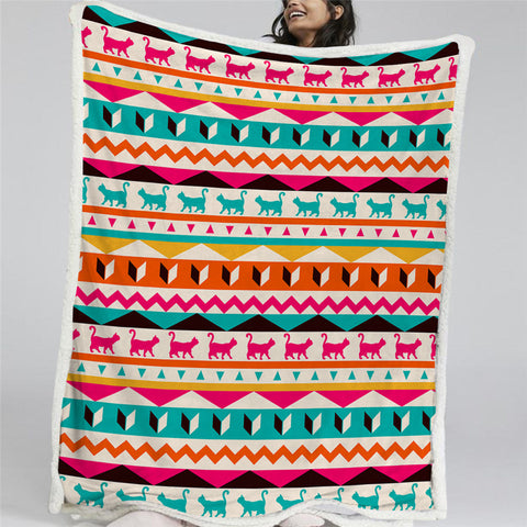 Image of Cat Aztec Themed Sherpa Fleece Blanket