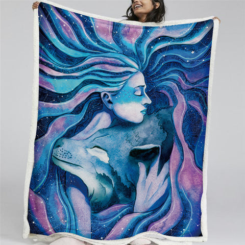 Image of Wolf And Girl Sherpa Fleece Blanket - Beddingify