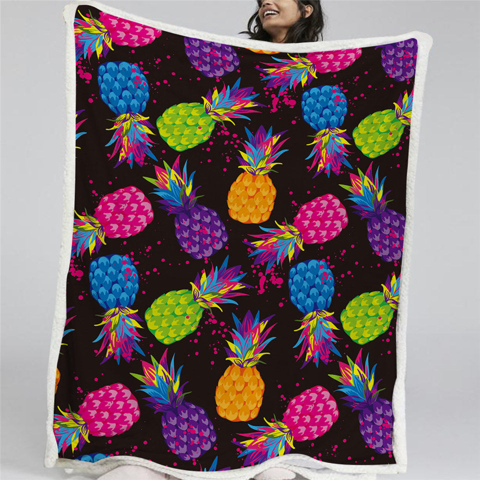 Colorful Pineapple Themed Sherpa Fleece Blanket