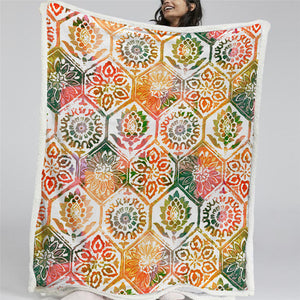 Floral Tiles Themed Sherpa Fleece Blanket