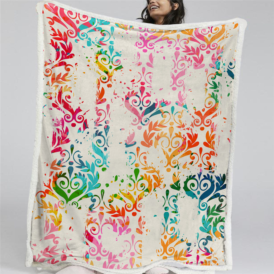 Colorful Floral Themed Sherpa Fleece Blanket