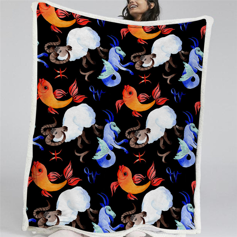 Fish And Goat Themed Sherpa Fleece Blanket