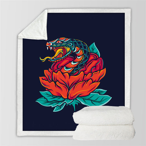 Image of Red Flower And Snake Themed Sherpa Fleece Blanket